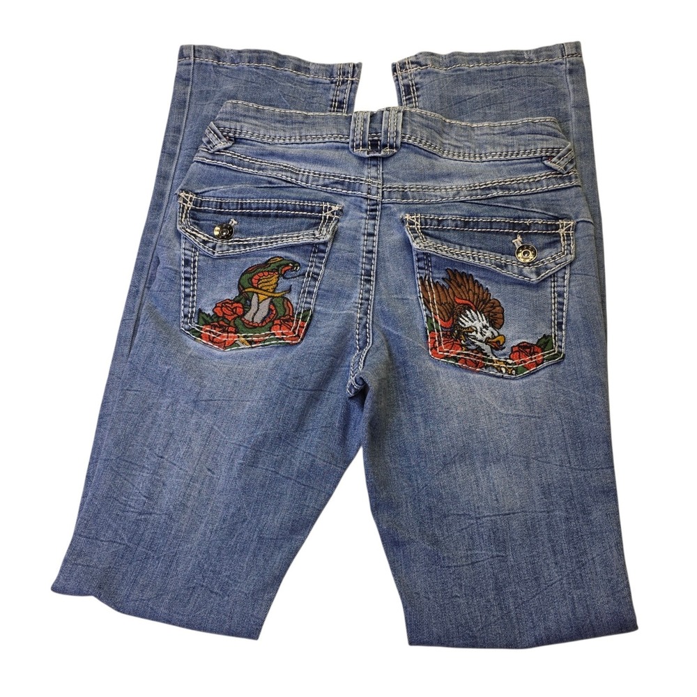 Ninth Hall Signal Women Embroidered‎ Cobra Eagle Flare Jeans 28 Light Wash Denim